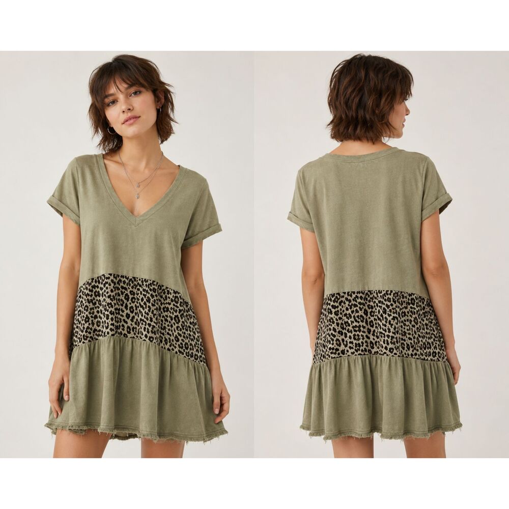 New UMGEE S 4 6 8 Sage Green V-Neck Solid Cheetah Tiered Short Dress Ruffle Hem